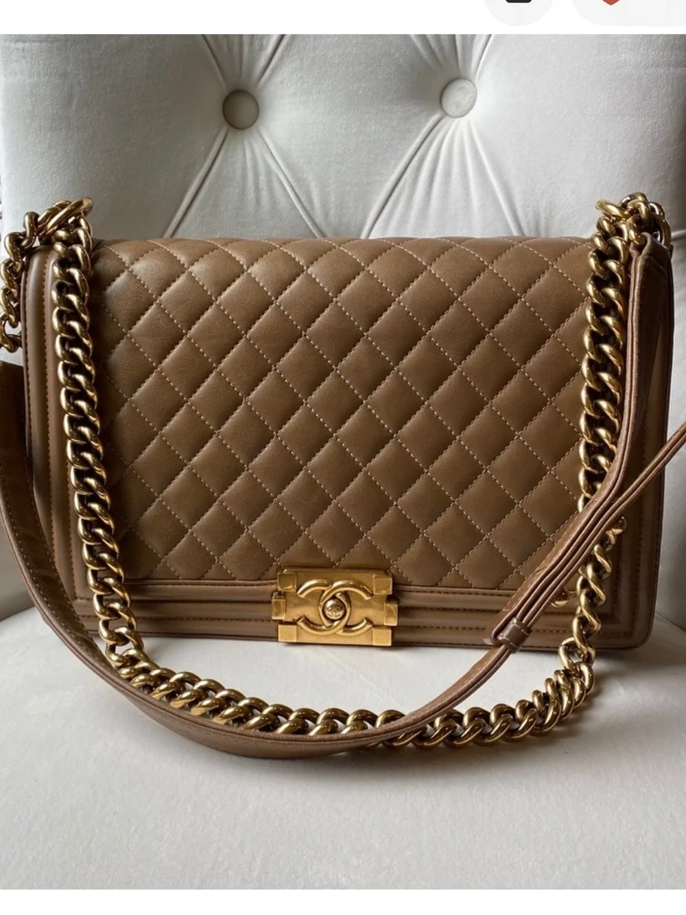 CHANEL medium Boy Quilted Leather Shoulder Bag in Taupe with Gold Hardware